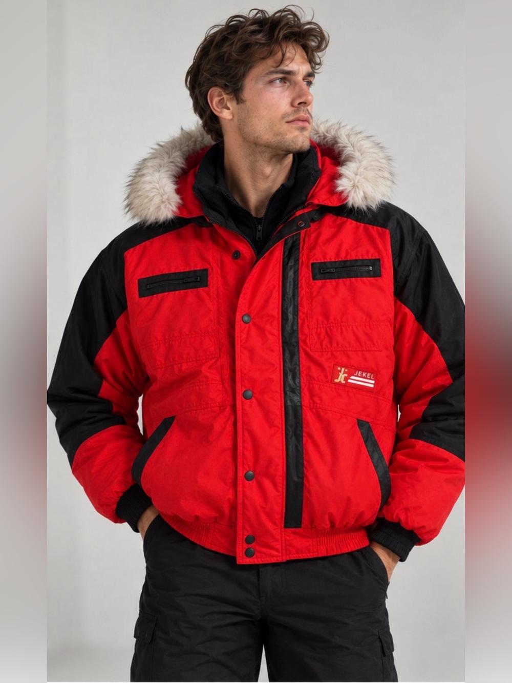 Vintage 80s/90s Jekel Men’s Ski Jacket Red Black Fur Hood